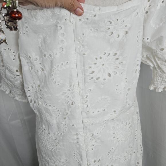 For All Mankind Dress Women Large White Eyelet Cotton Puff Sleeve Midi Cottage - Picture 5 of 11